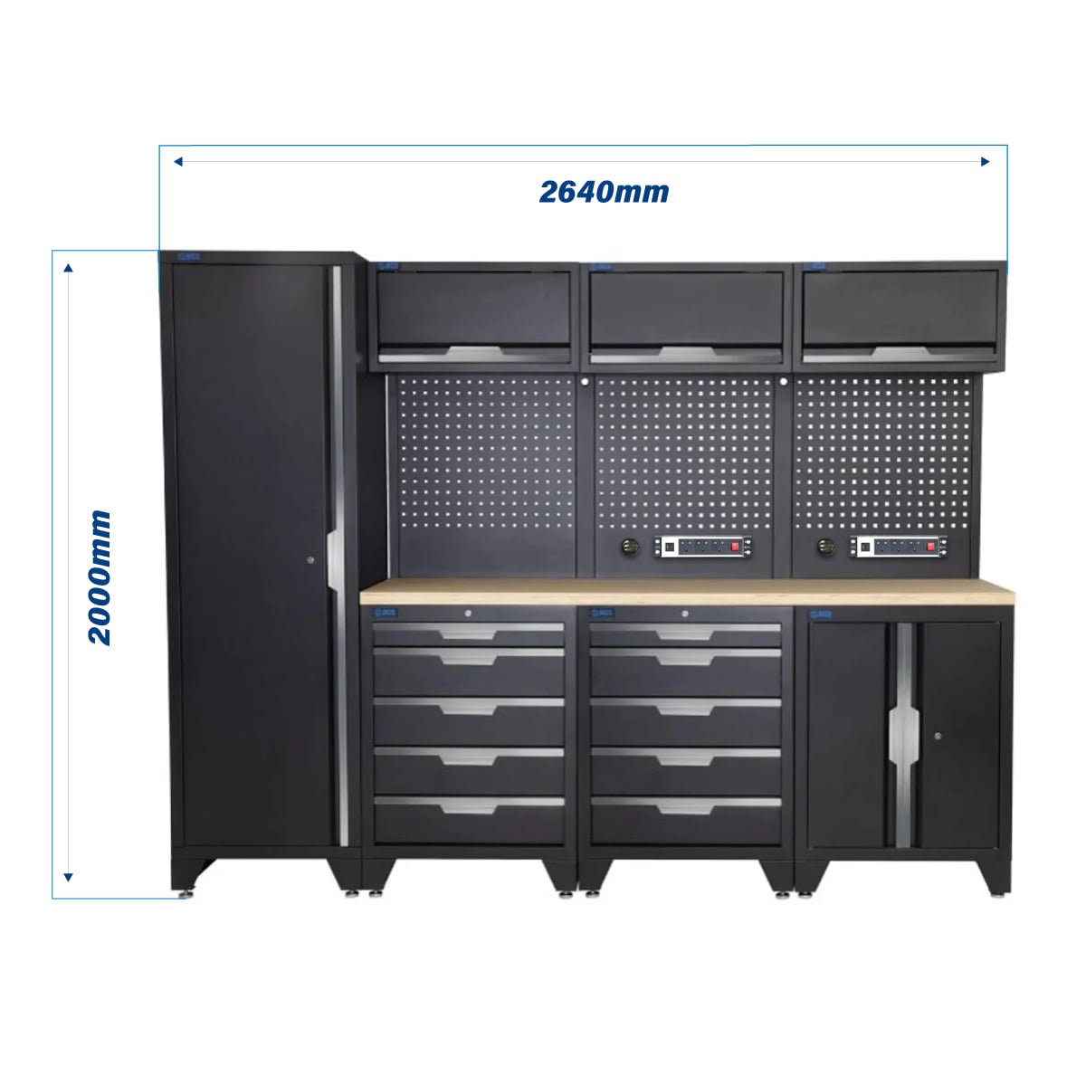 SGS 10pc Modular Garage Storage | 10 Drawers | Plywood Worktop | Floor Cabinet | Tall Single Cabinet | 3x Upper Cabinets | 2x Pegboards with Power Strip